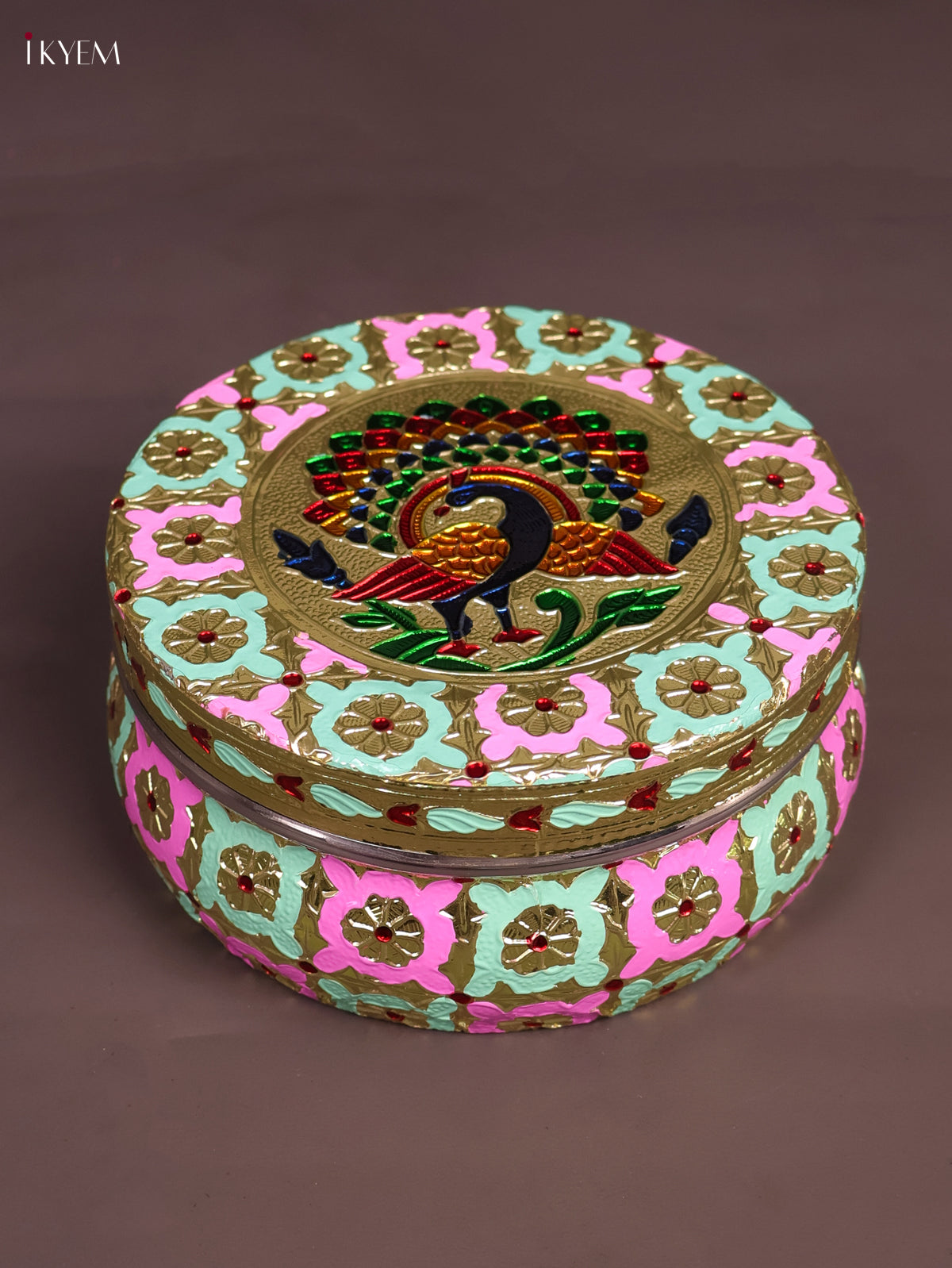 Traditional Pink & Green Meenakari Storage Box With Peacock Design