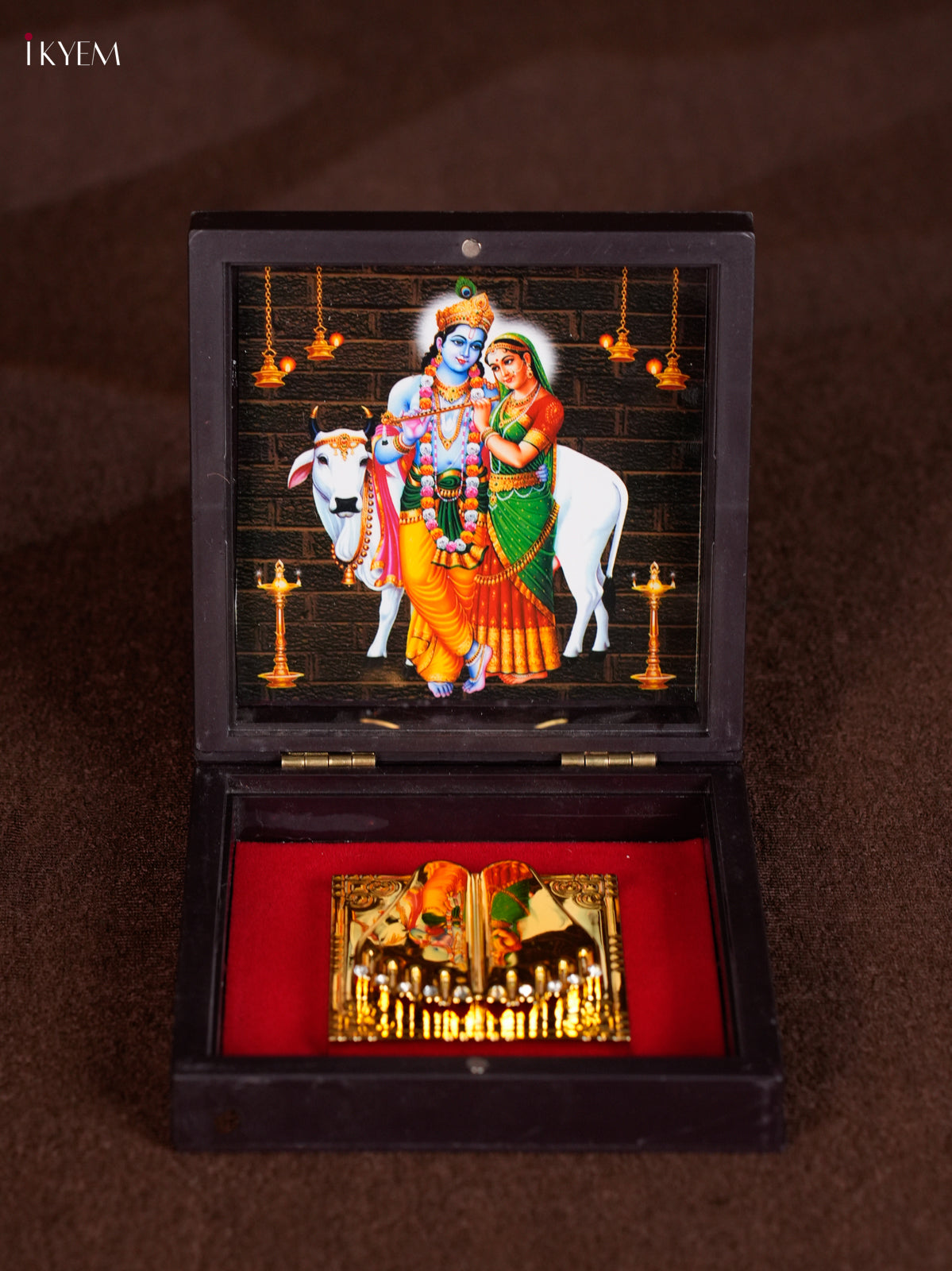 Unique Dark Color Paduka Box With Radha Krishna Picture & Footprints