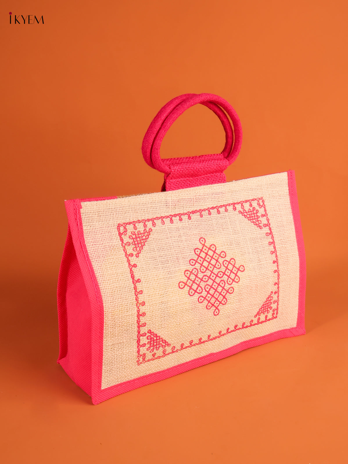 Unique Pink Kolam Printed Jute Bag 1