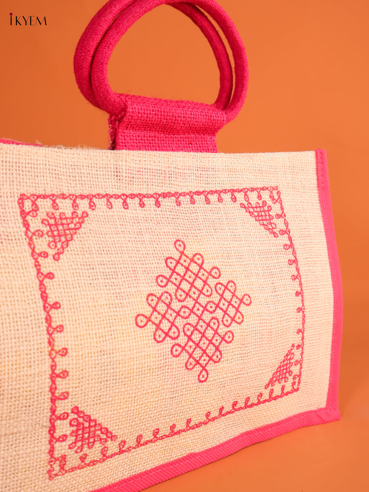 Unique Pink Kolam Printed Jute Bag 2