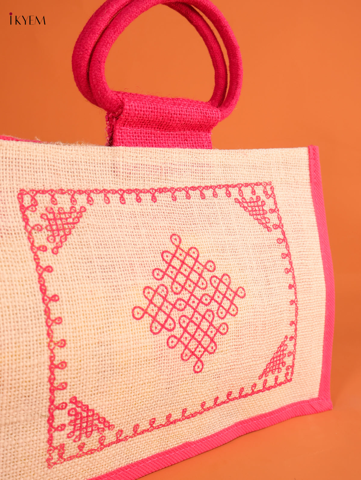 Unique Pink Kolam Printed Jute Bag 2