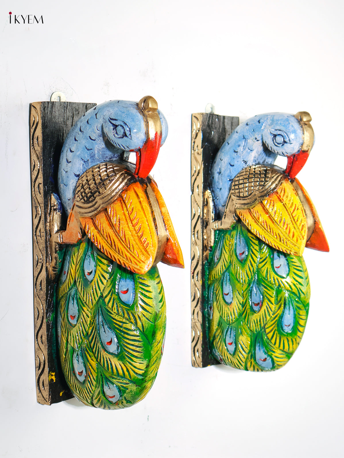 Unique Set of 2 Hand Painted Wooden Peacock Wall Brackets