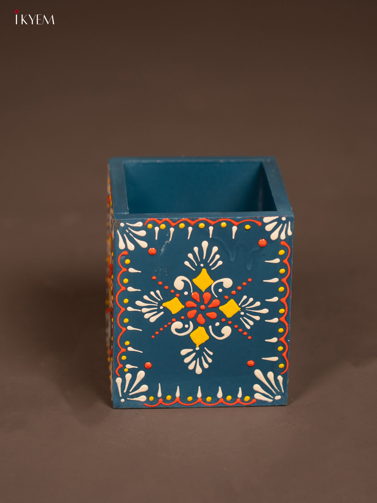 Vibrant Blue Wooden Hand Painted Pen Stand