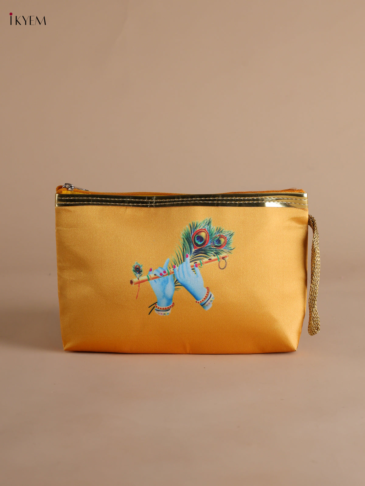 Vibrant Digital Krishna Flute Printed Yellow Purse with Zipper