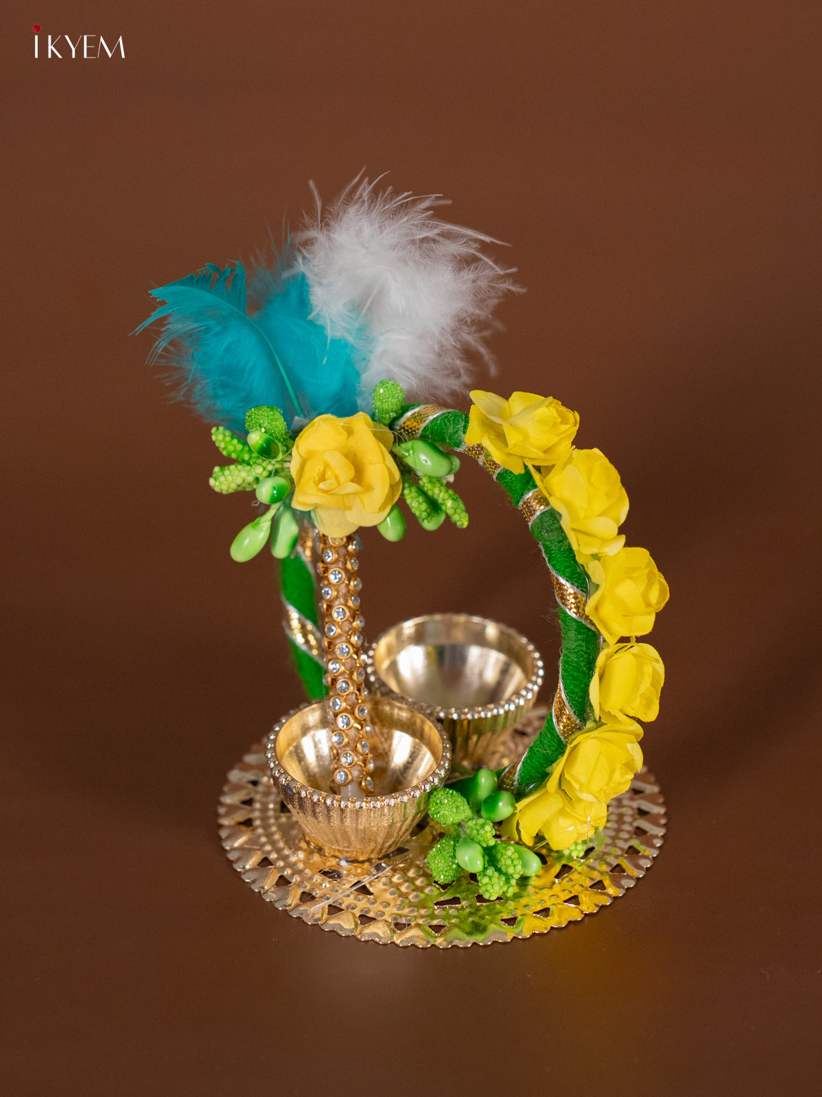 Vibrant Haldi Kumkum Set With Green & Yellow Floral Design