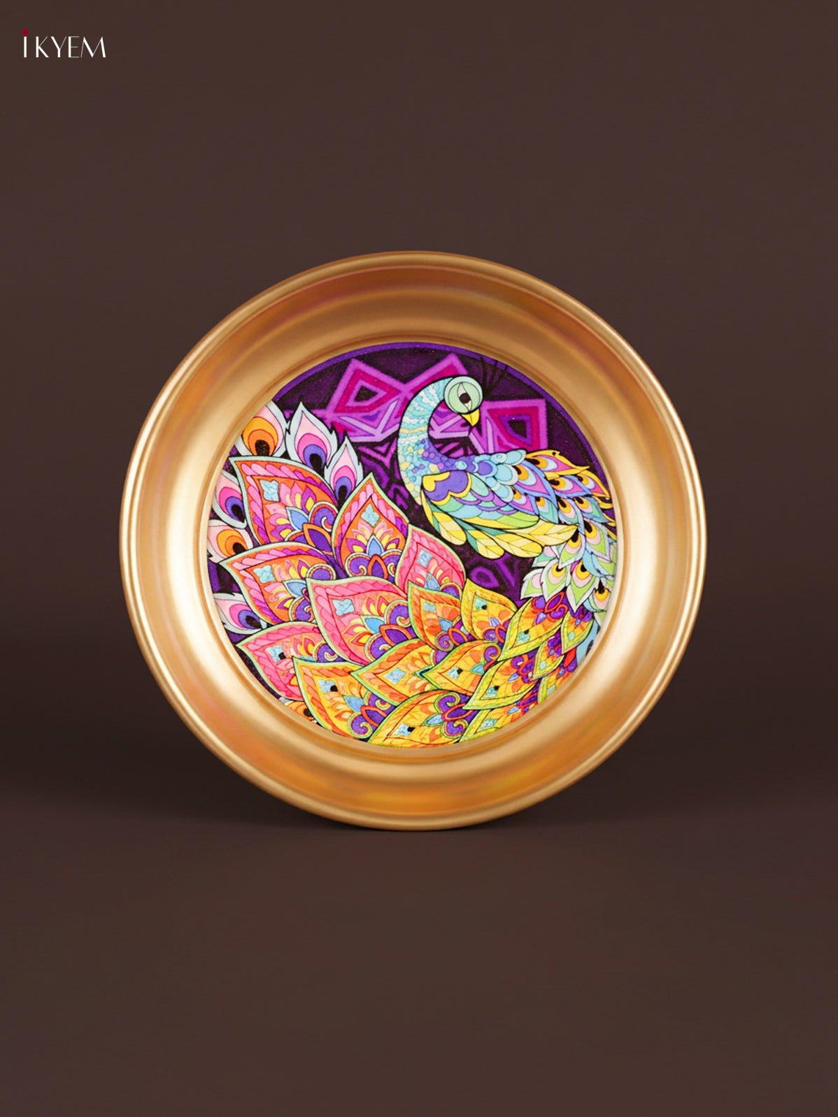 Vibrant Multicolour Peacock Printed Brass Coated Decorative Plate