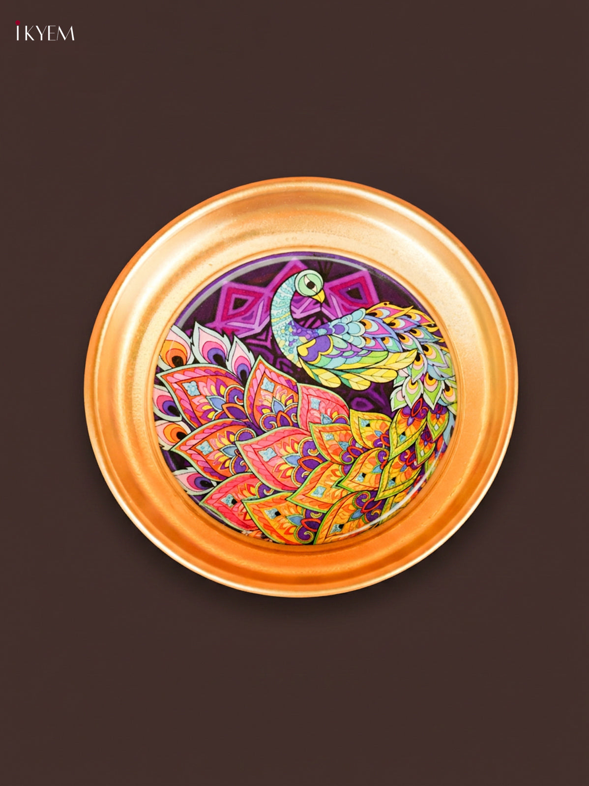 Vibrant Multicolour Peacock Printed Brass Coated Decorative Plate 1