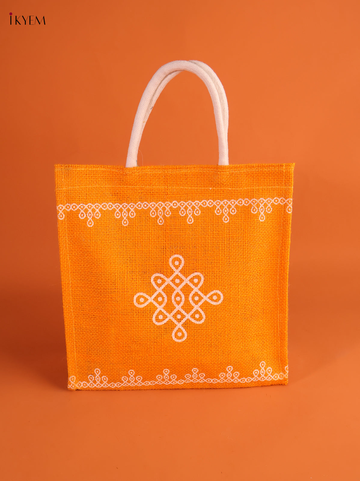 Vibrant Yellow Jute Bags With Kolam Print