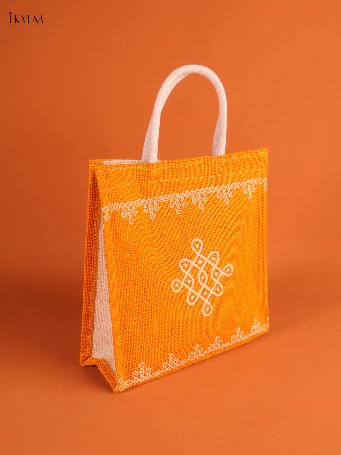 Vibrant Yellow Jute Bags With Kolam Print 1