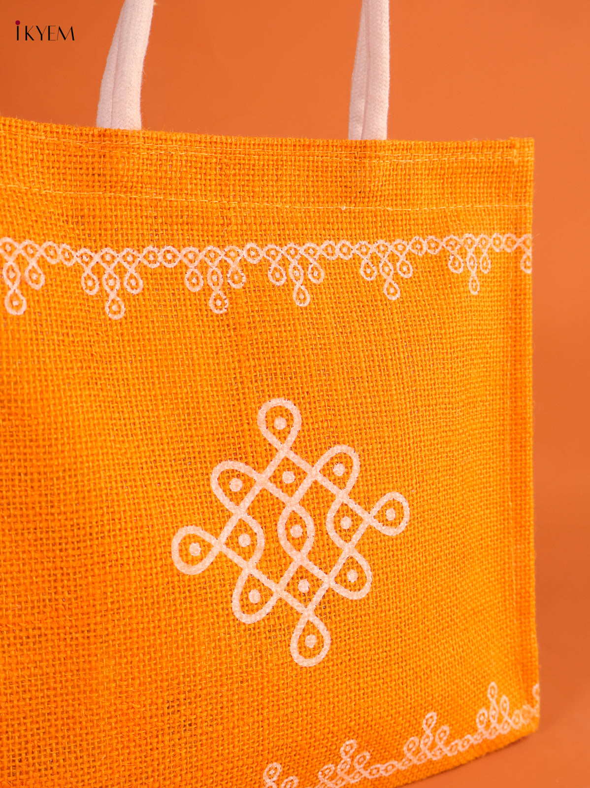 Vibrant Yellow Jute Bags With Kolam Print 2