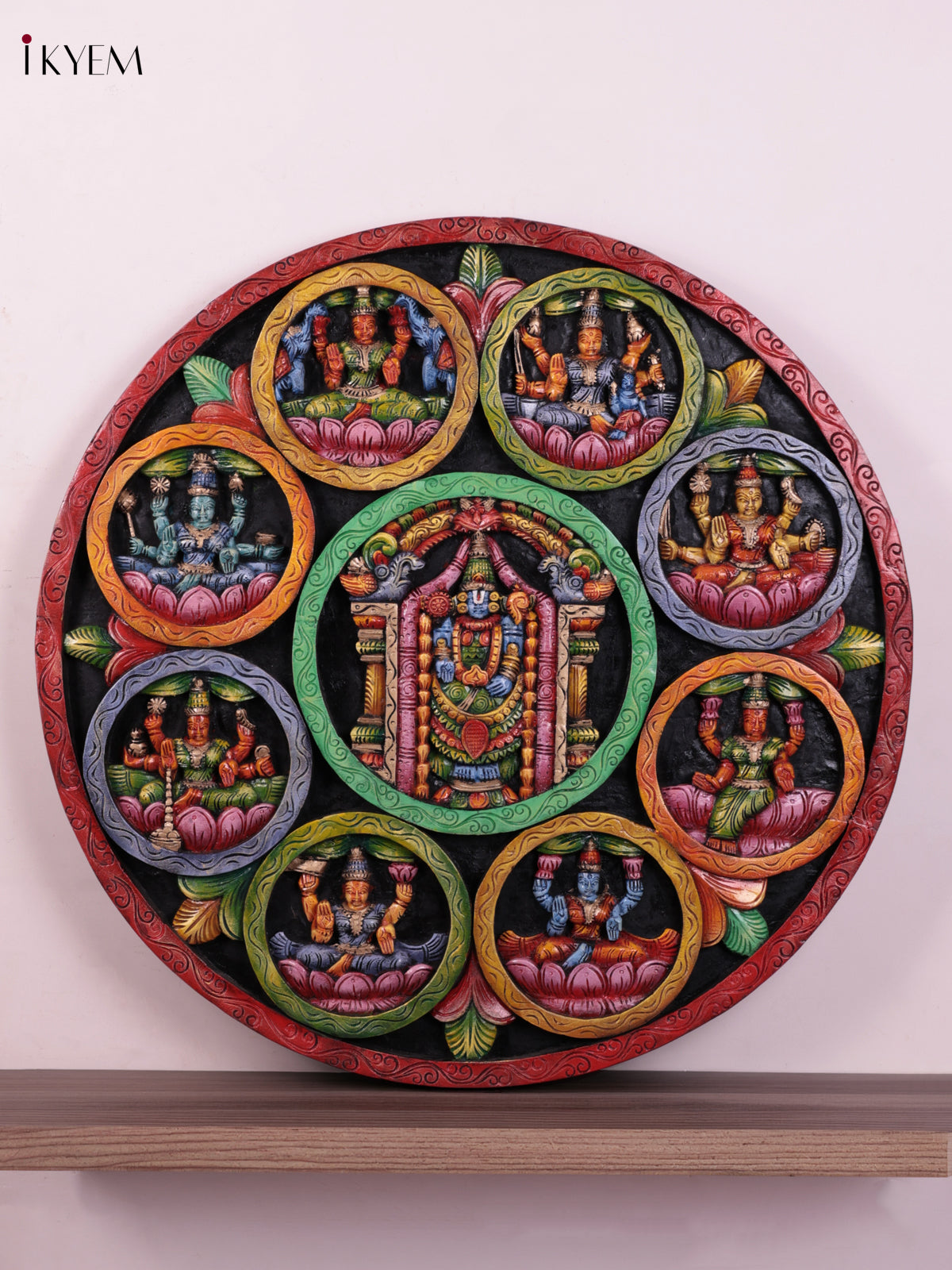 Vivid Hand Painted Lord Balaji & Astalakshmi Wooden Circular Panel