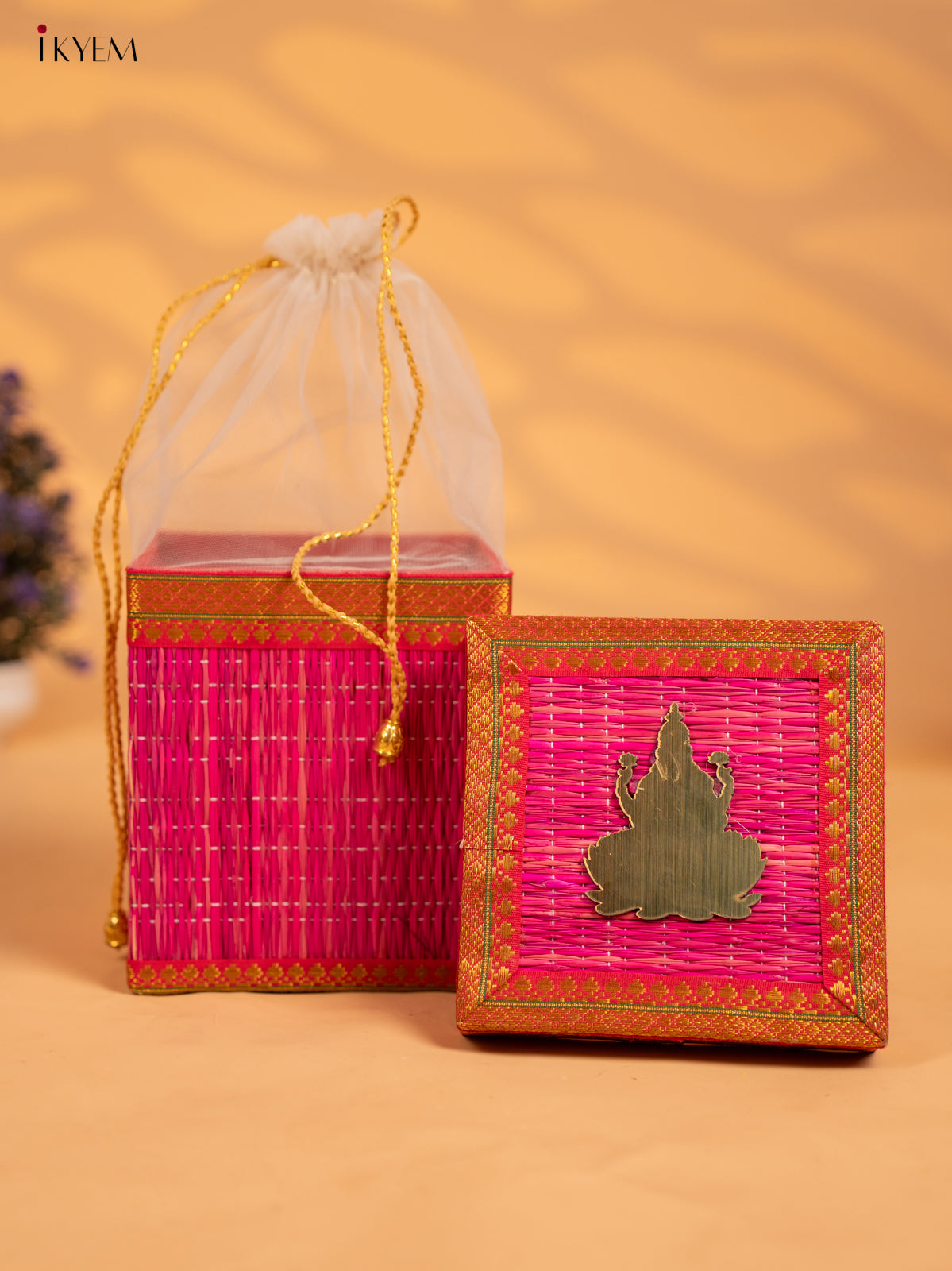 Vivid Pink Korai Gift Box with Net Potli & Lakshmi Motif 1