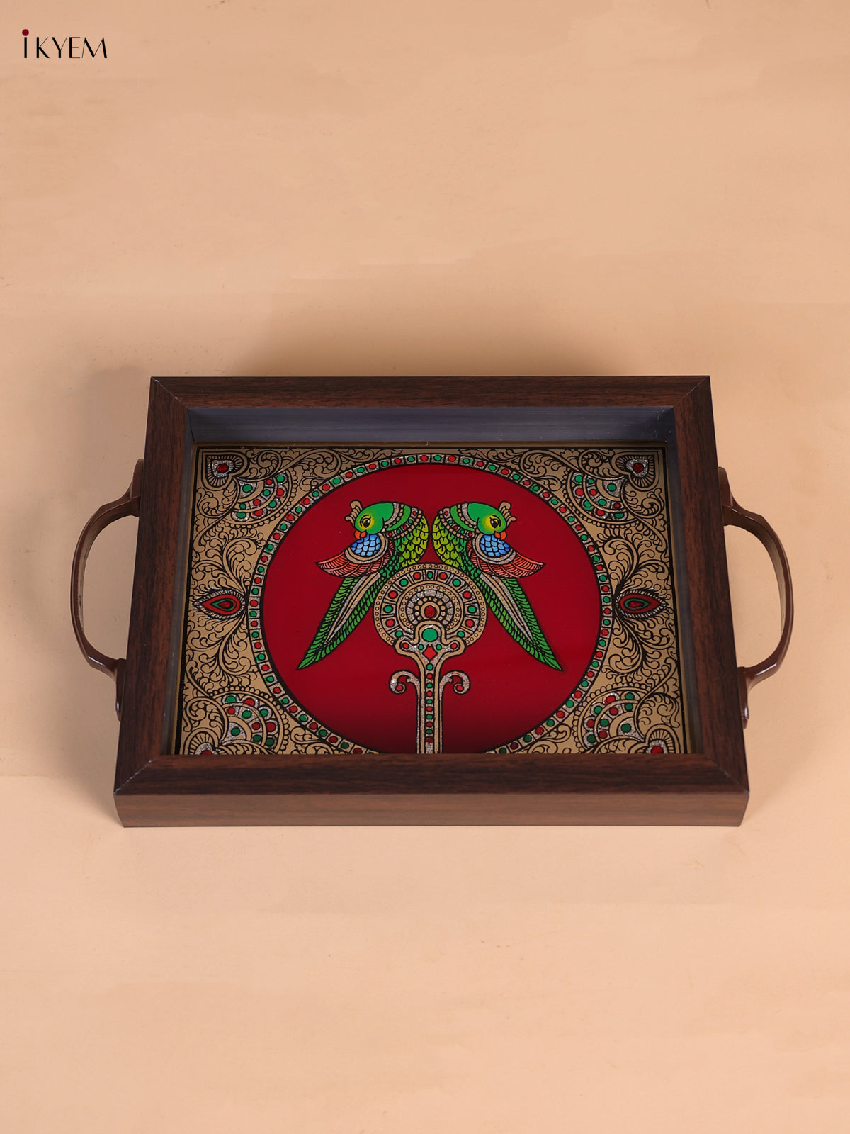 Vivid Twin Parrot Reverse Glass Painted Tray In Maroon