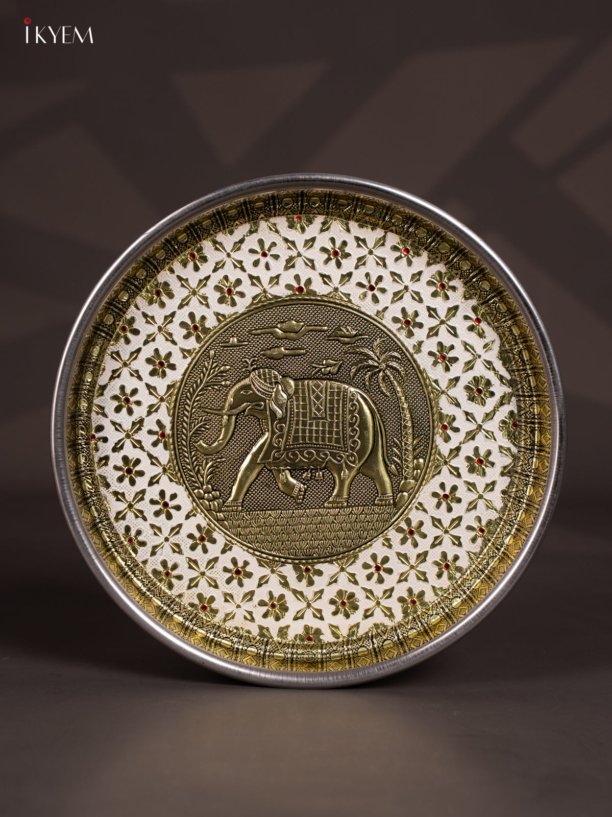 White Meenakari Plate with Oxidized Elephant Design