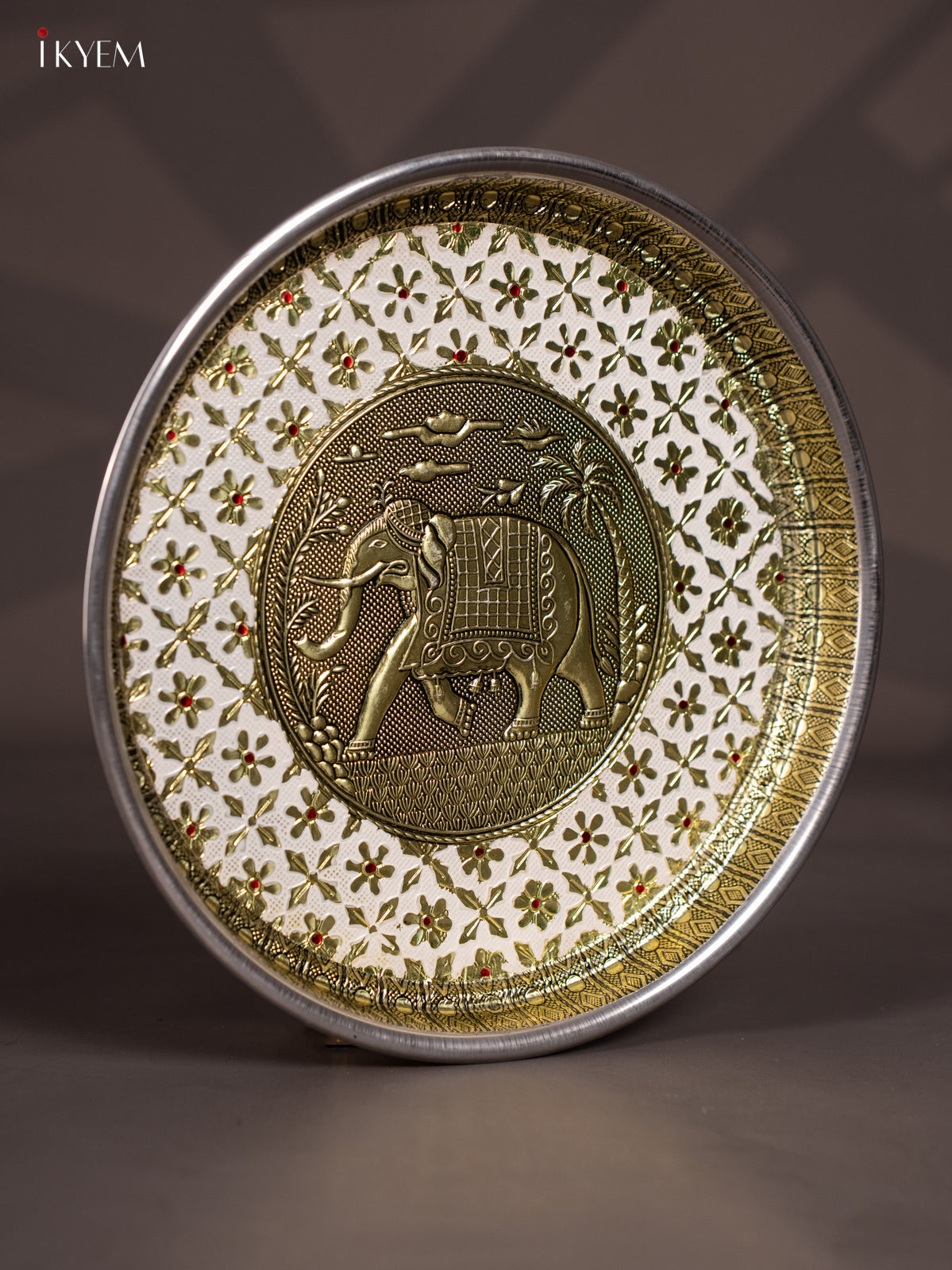 White Meenakari Plate with Oxidized Elephant Design 1