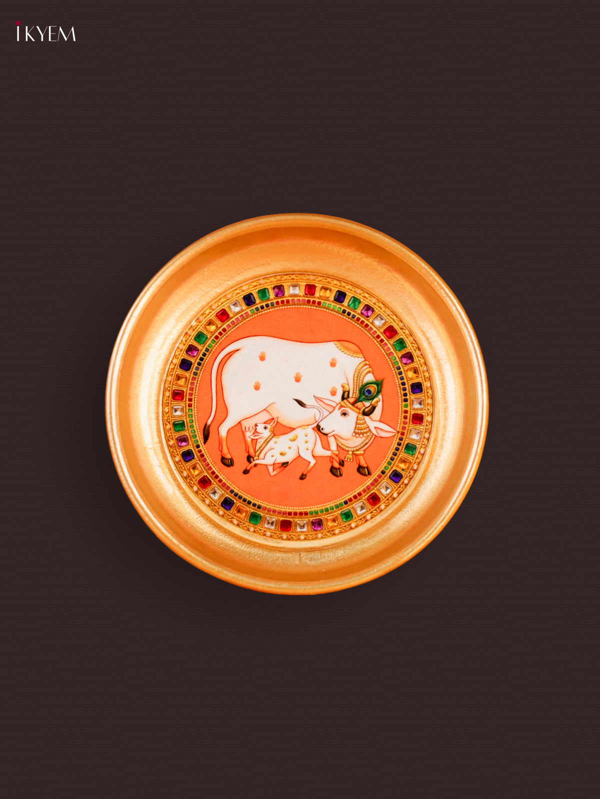 vivid Orange Pichwai Cow & Calf Printed Brass Coated Decorative Plate