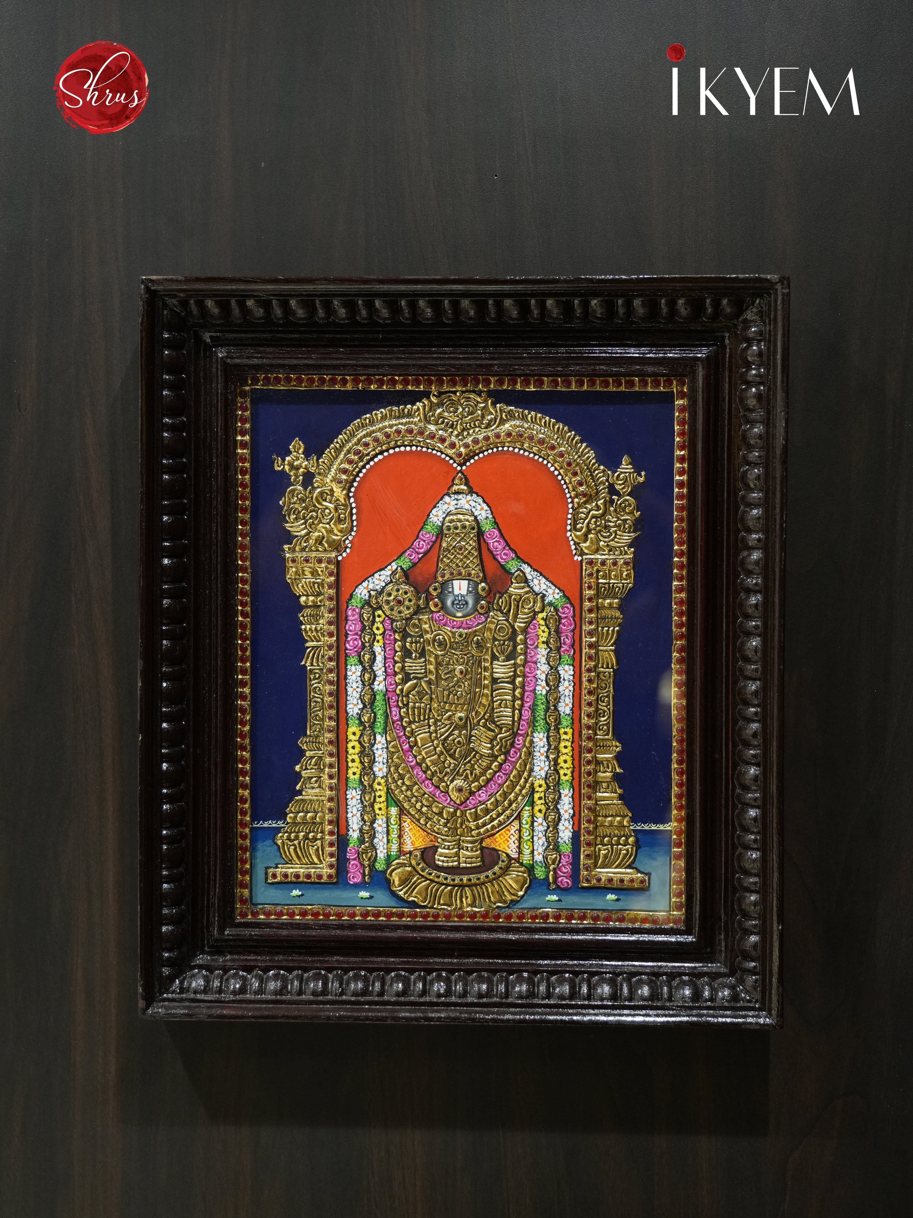 Venkatachalapathy - Tanjore Painting embelished with Pure Gold Foil, Stones and Mani Frame