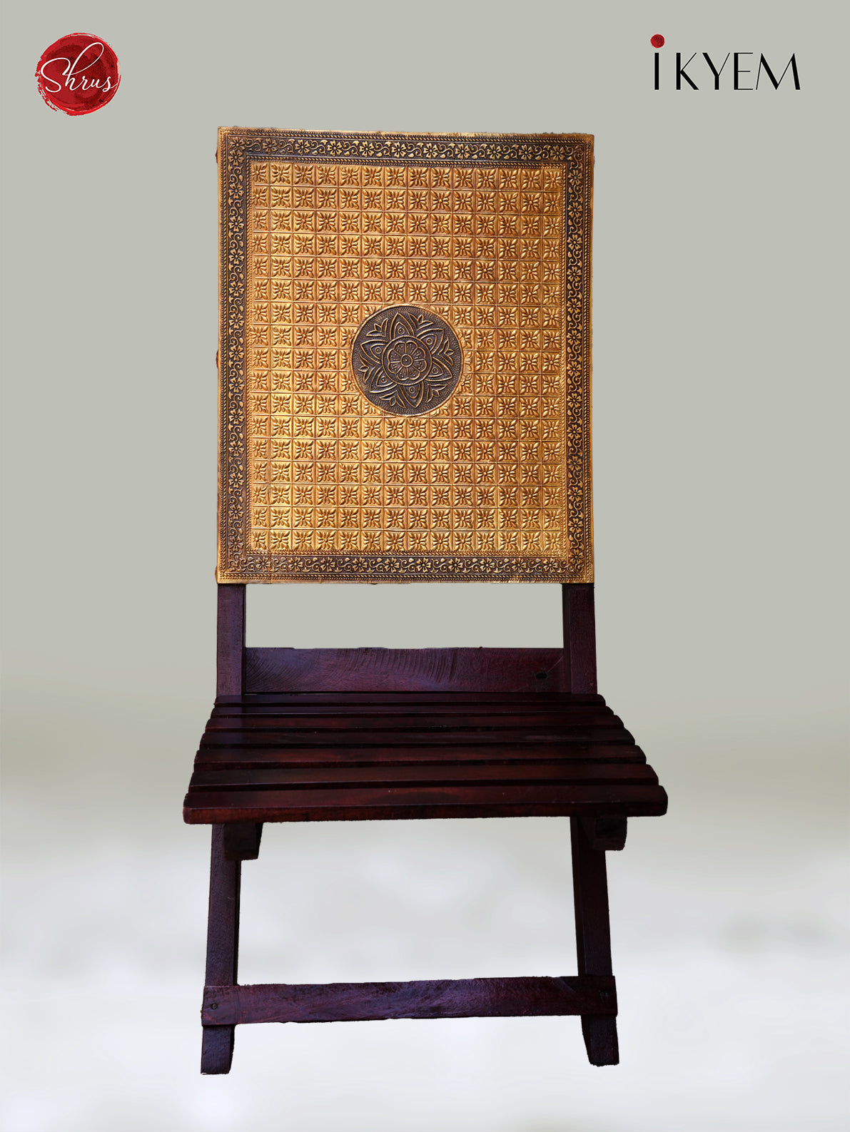 WOODEN CHAIR WITH BRASS EMBELLISHMENTS