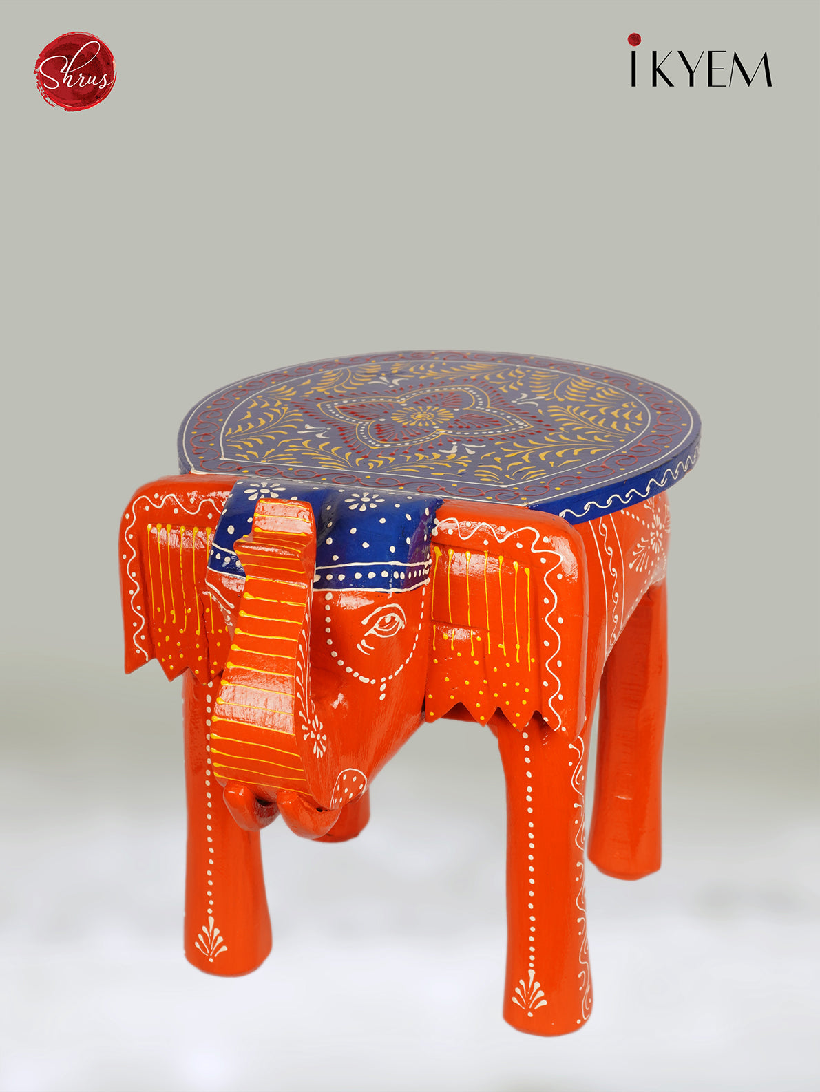 Wooden Hand Painted Elephant Stool - 12 Inch -3I08265