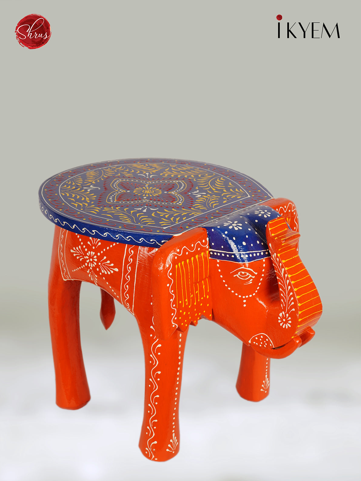 Wooden Hand Painted Elephant Stool - 12 Inch -3I08265