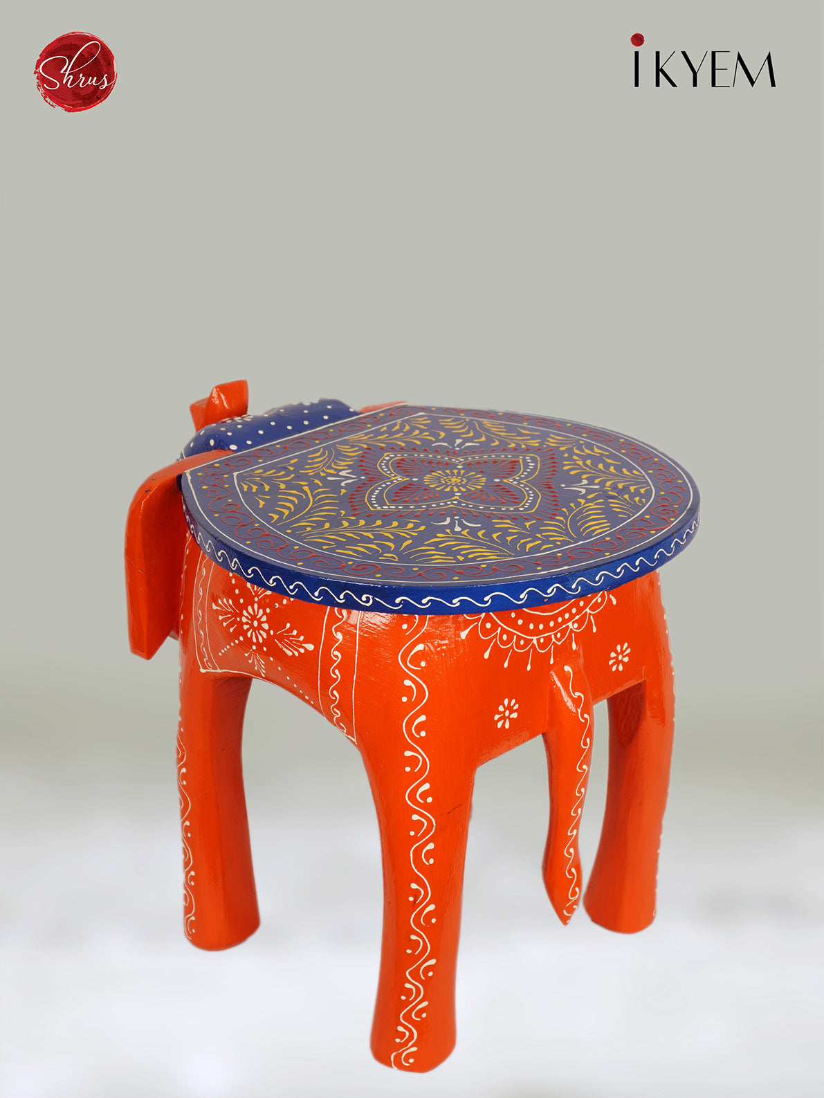 Wooden Hand Painted Elephant Stool - 12 Inch -3I08265