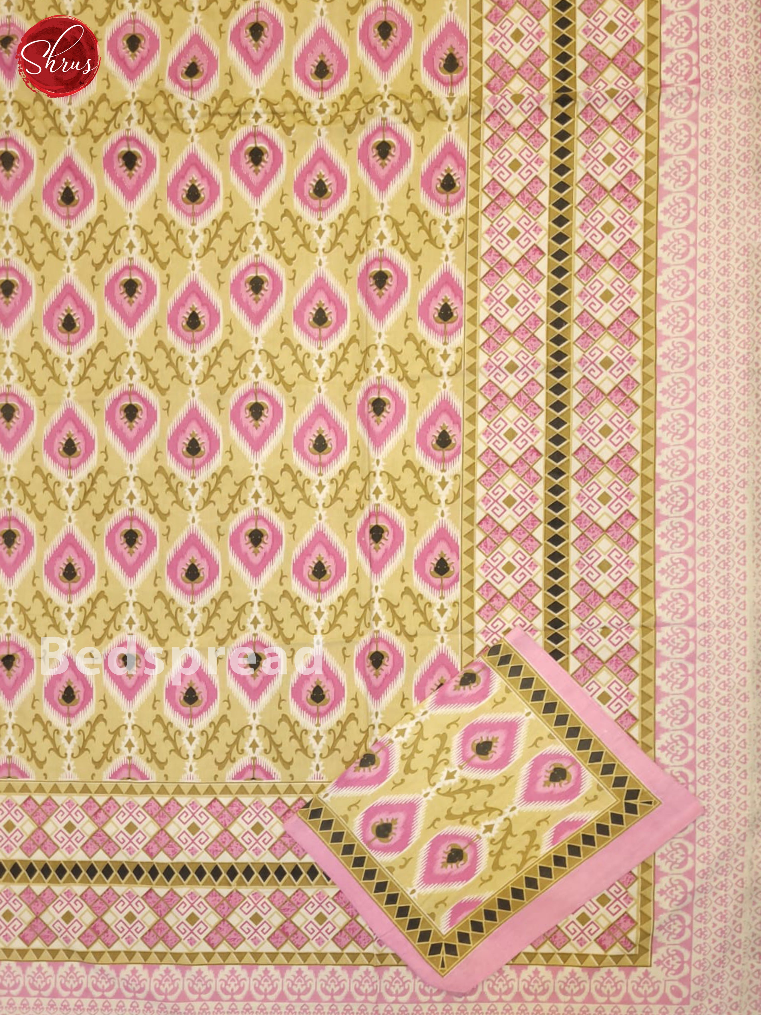 Beige &  Pink- Jaipuri Printed Double Bed Spread