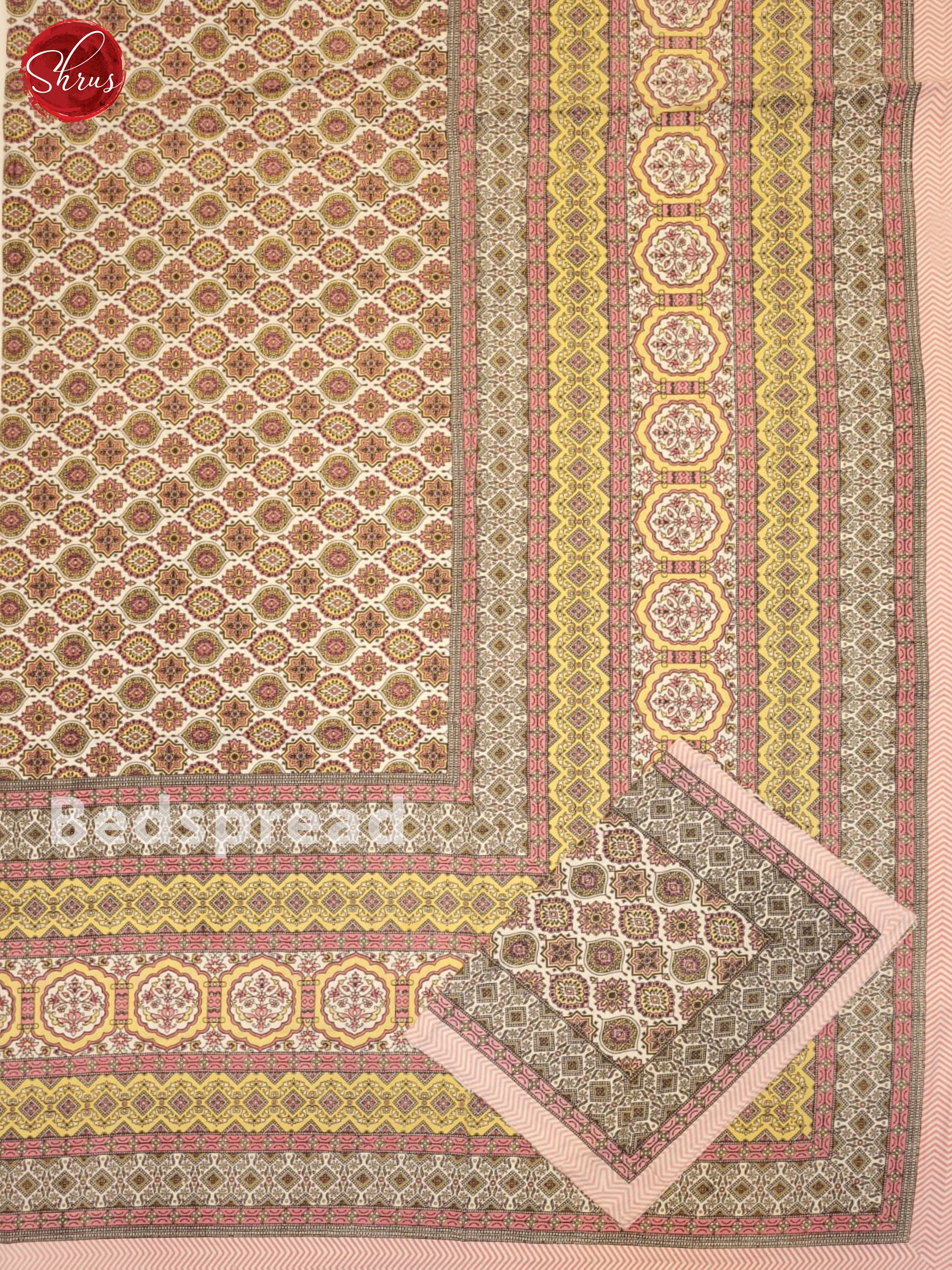 Cream & Pink- Jaipuri Printed Double Bed Spread