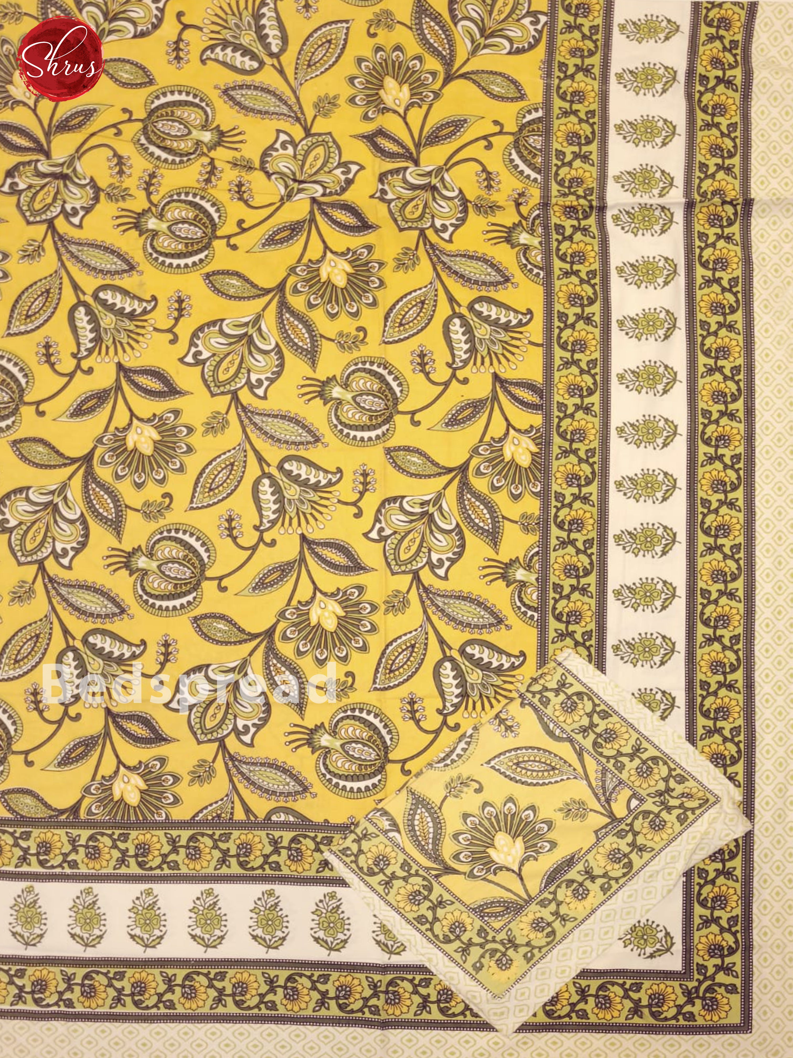 Light Yellow  & Cream - Jaipuri Printed Double Bed Spread