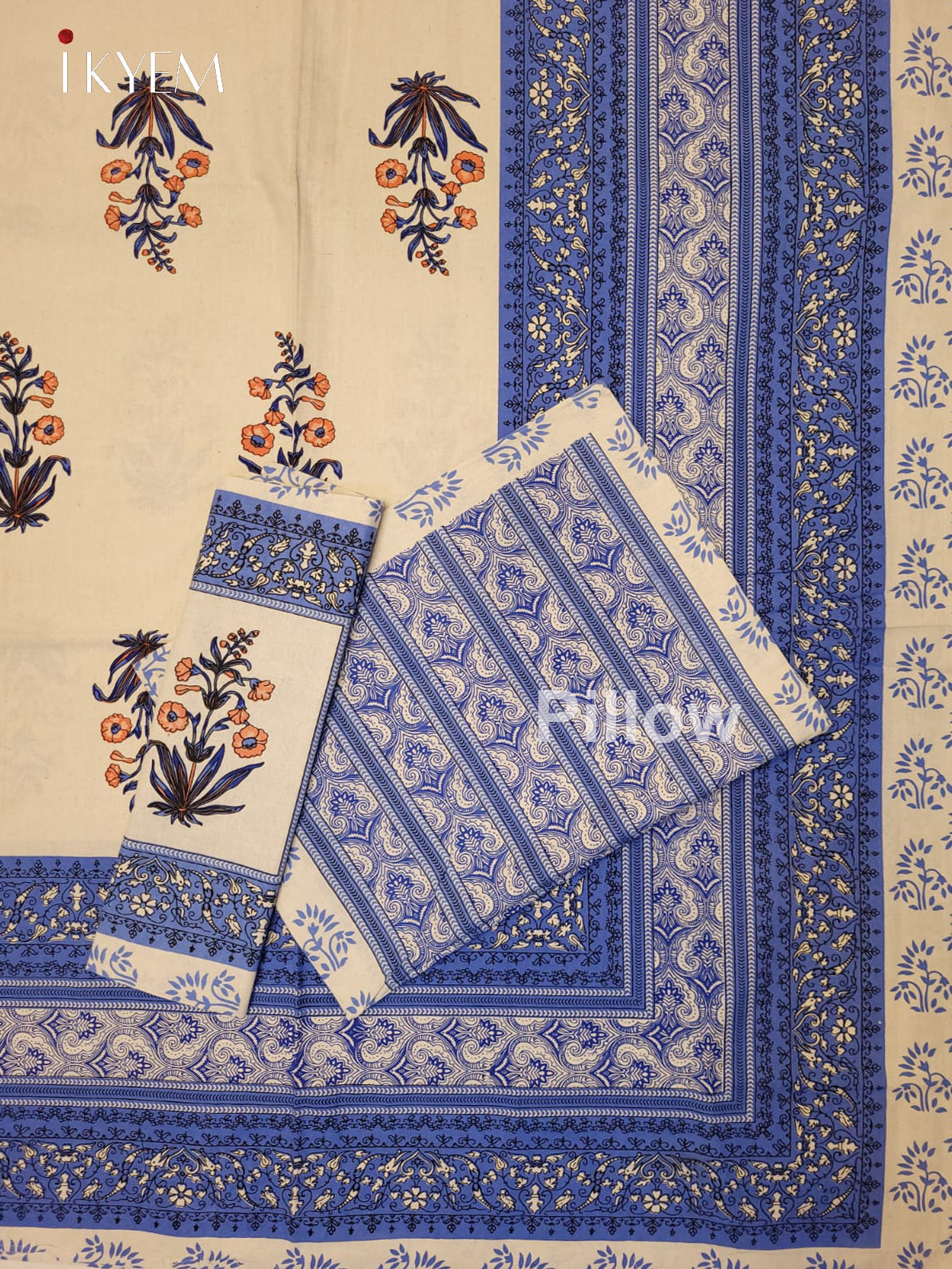 Cream & Blue - Bed Spread