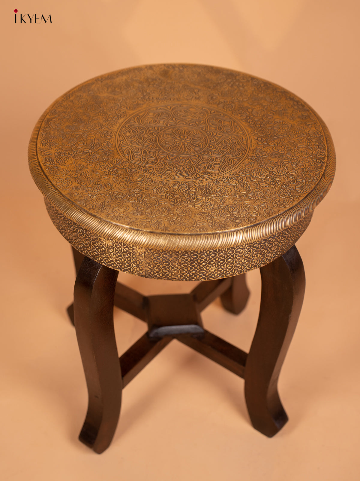Brass laden Wood Stool - 18 Inch- 4GJ11015