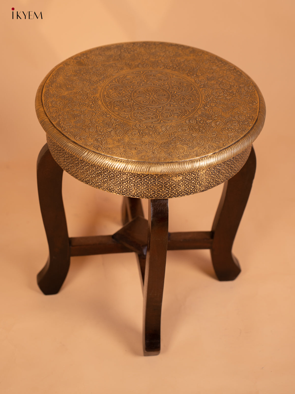Brass laden Wood Stool - 18 Inch- 4GJ11015