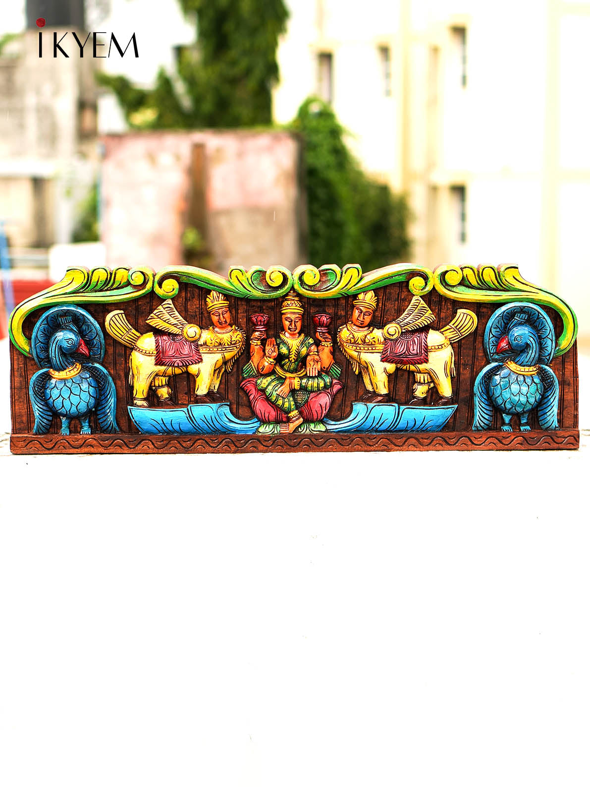 Wooden Hand Painted Carved Lakshmi with Kamadhenu Peacock - 4GJ24003
