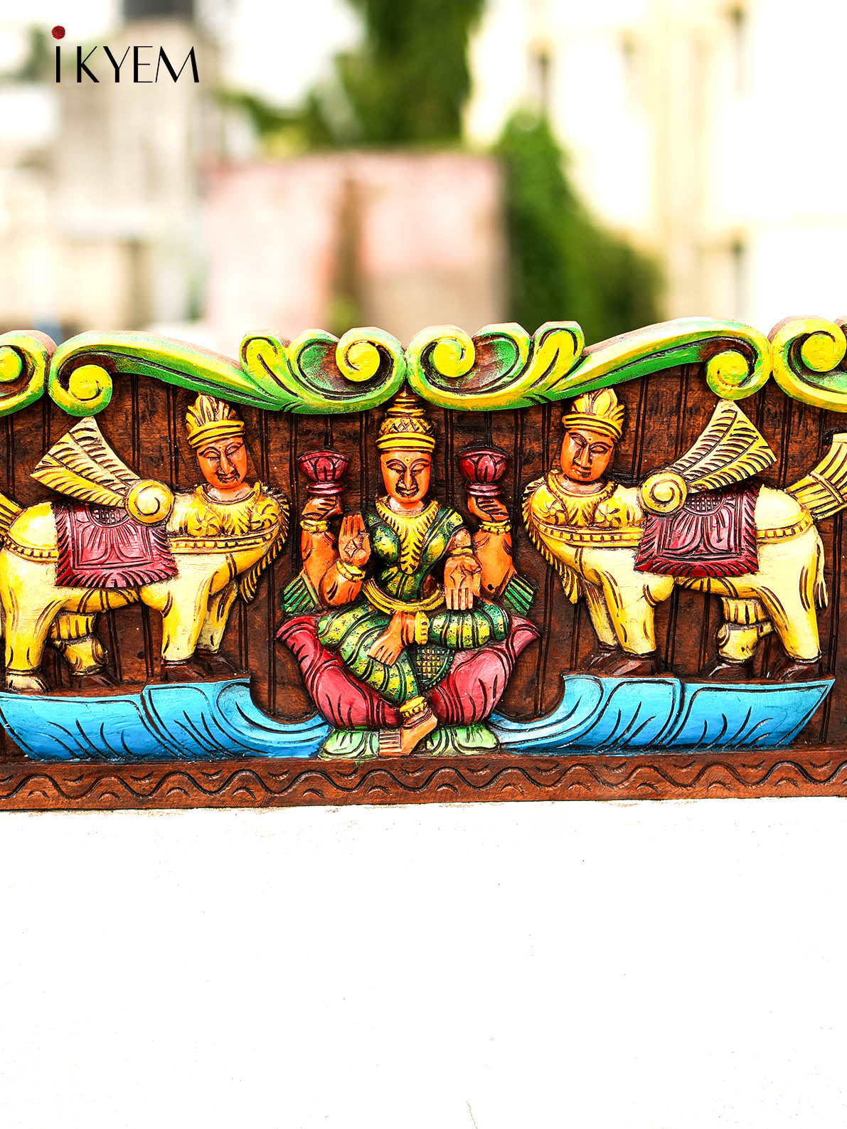 Wooden Hand Painted Carved Lakshmi with Kamadhenu Peacock - 4GJ24003