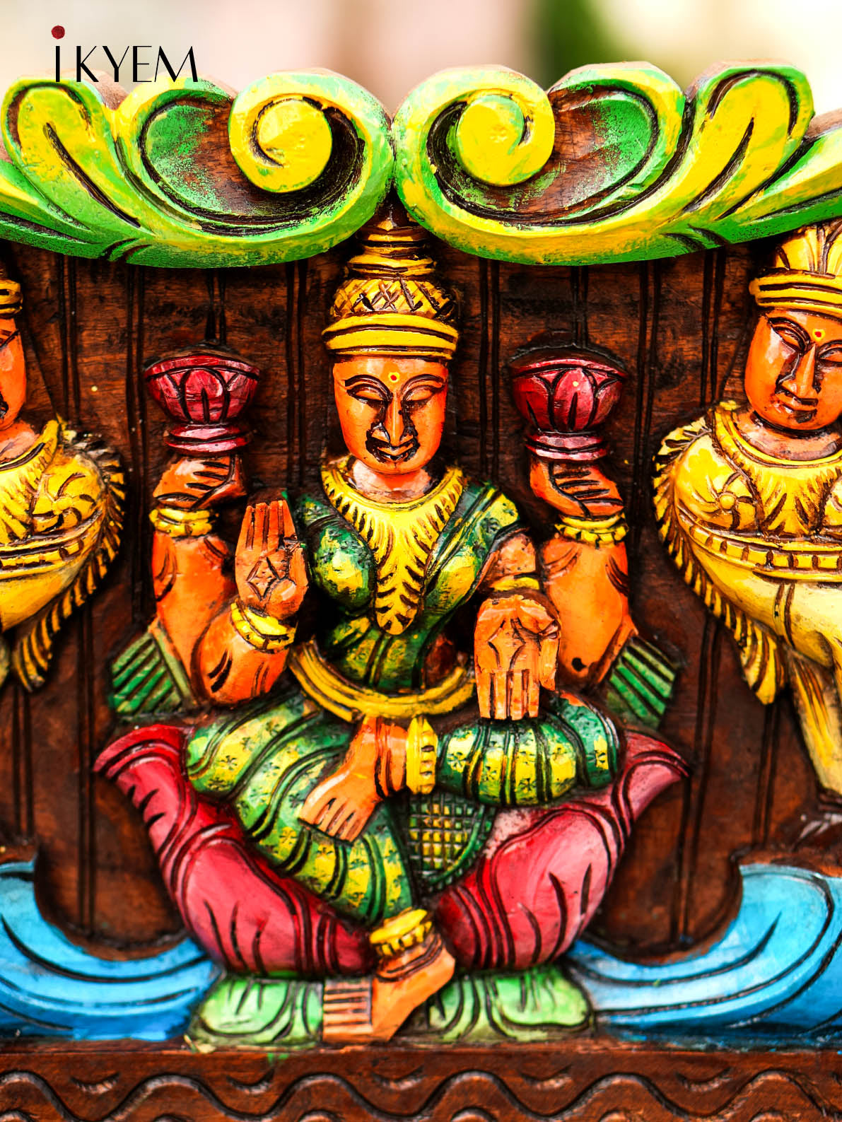 Wooden Hand Painted Carved Lakshmi with Kamadhenu Peacock - 4GJ24003