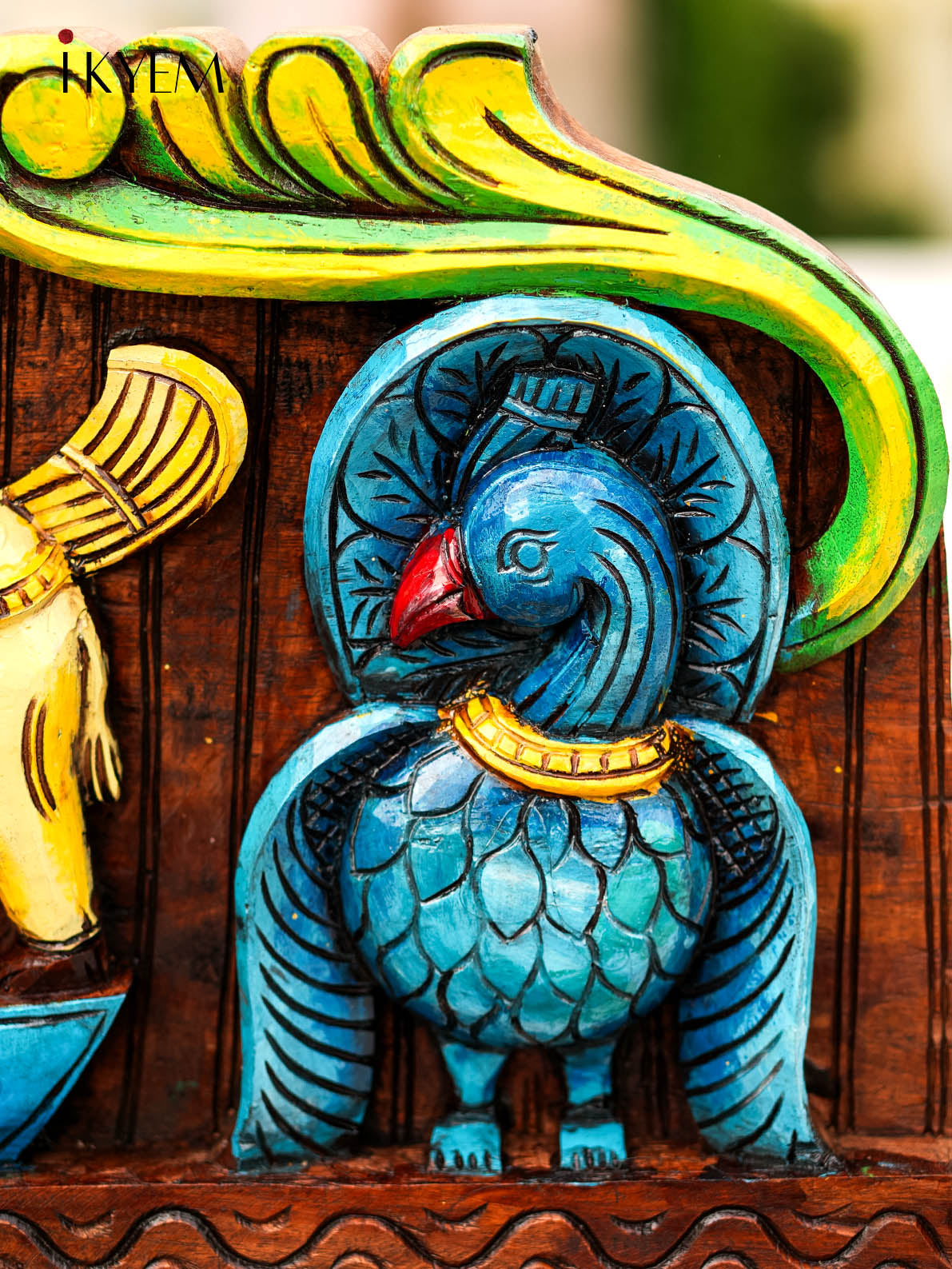 Wooden Hand Painted Carved Lakshmi with Kamadhenu Peacock - 4GJ24003