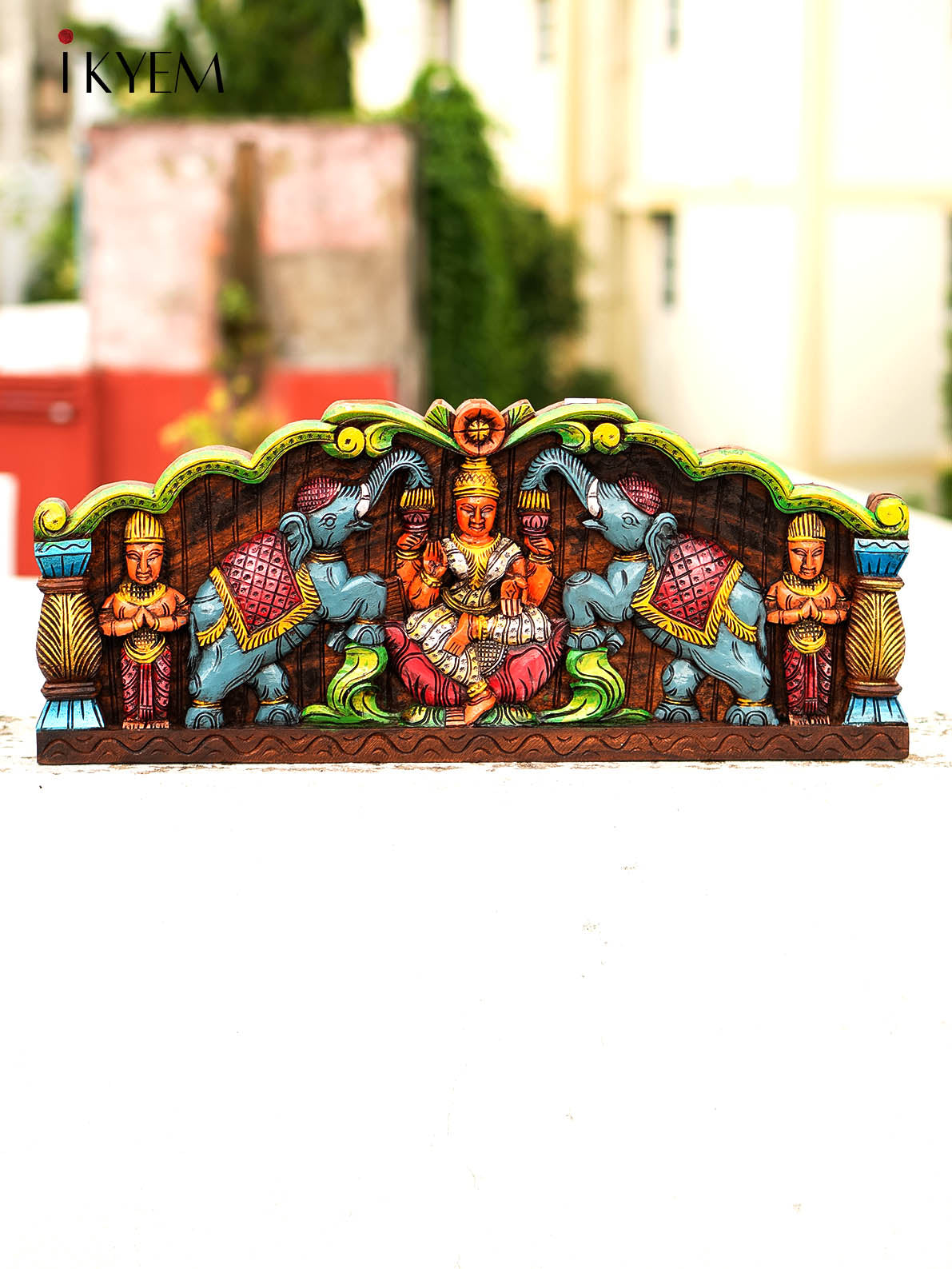Wooden Hand Painted Carved Lakshmi with Elephant Panel - 4GJ24012
