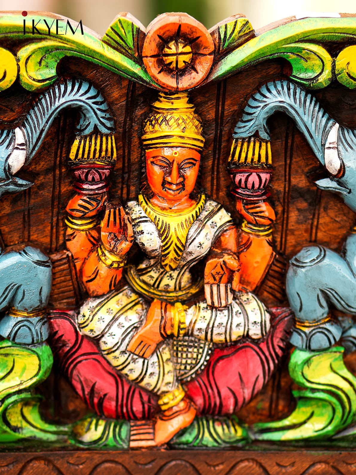 Wooden Hand Painted Carved Lakshmi with Elephant Panel - 4GJ24012