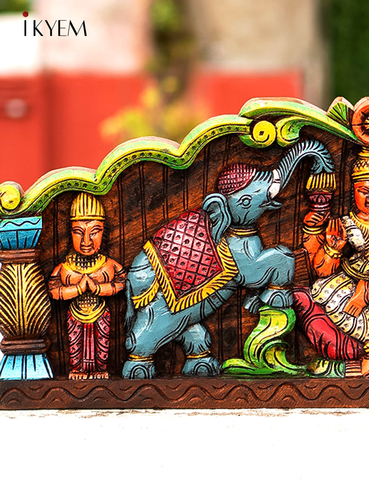 Wooden Hand Painted Carved Lakshmi with Elephant Panel - 4GJ24012