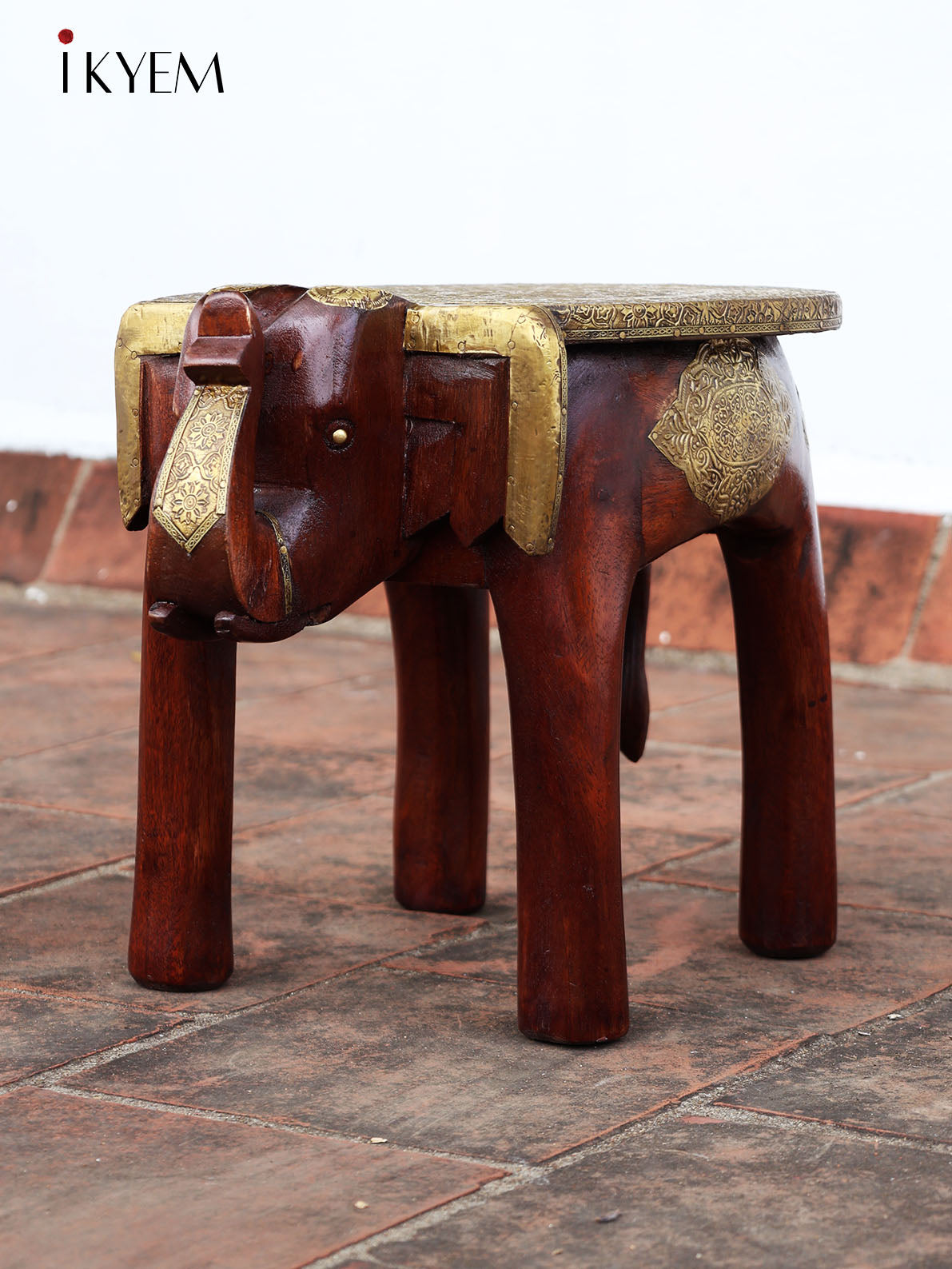 Wooden Elephant Stool with Brass Embellishment