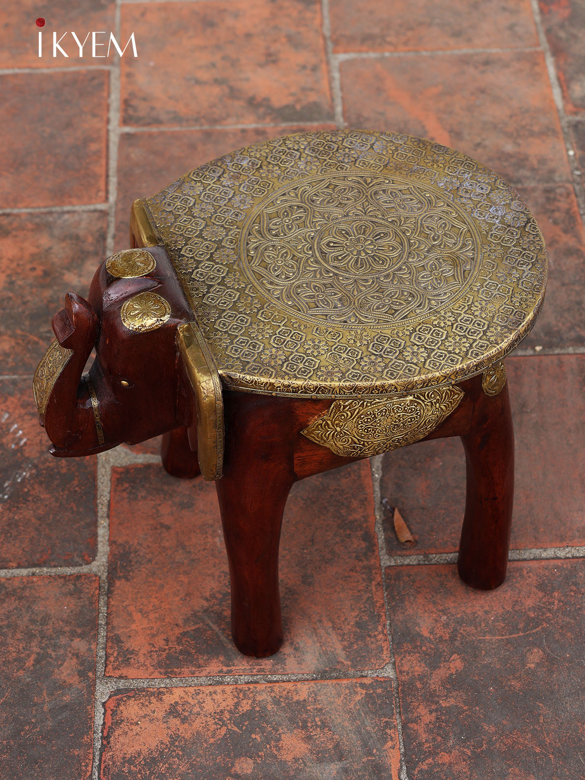 Wooden Elephant Stool with Brass Embellishment