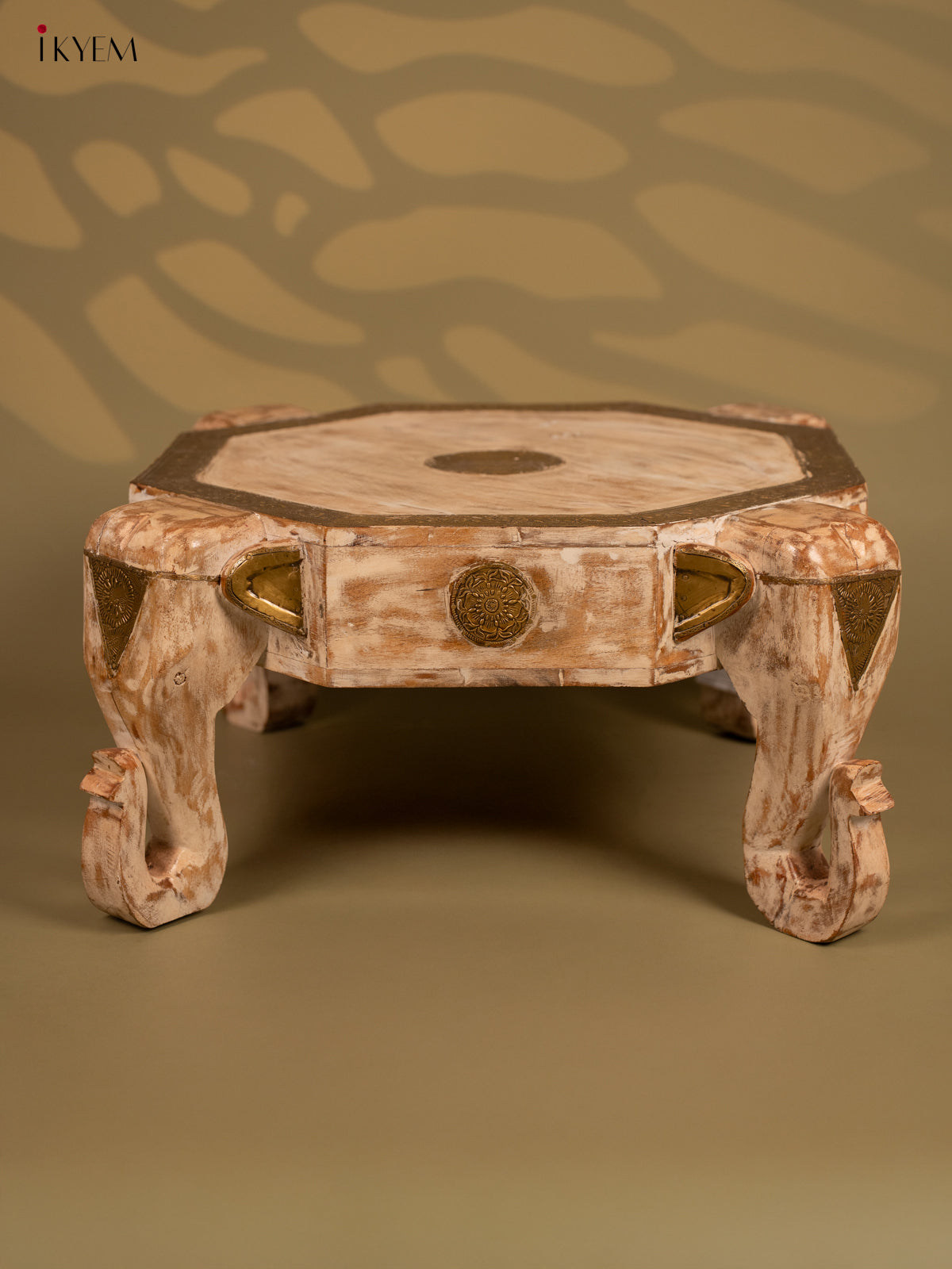 Wooden Elephant Brass embellished Bajot - 12Inch- 4IJ24021