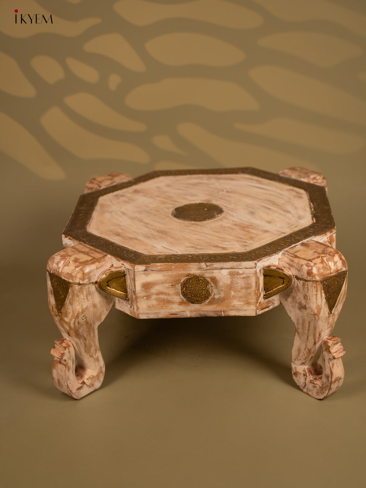 Wooden Elephant Brass embellished Bajot - 12Inch- 4IJ24021