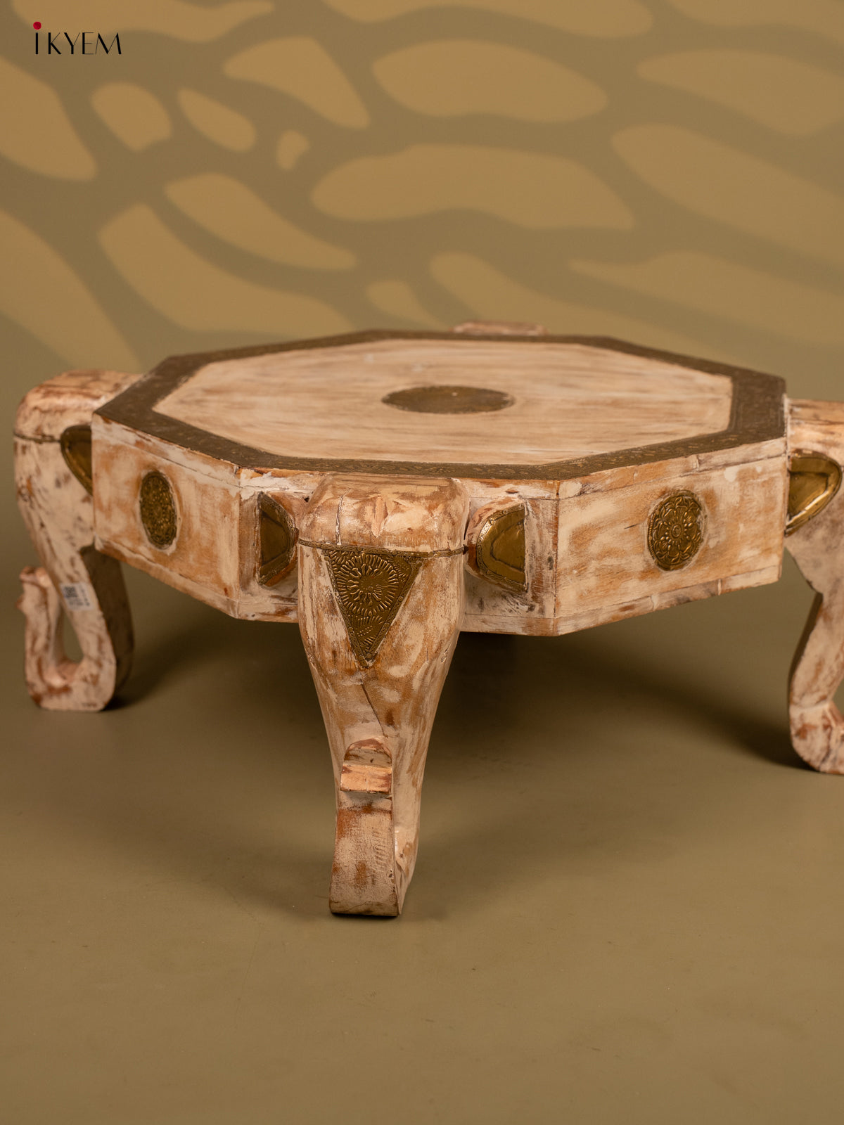 Wooden Elephant Brass embellished Bajot - 12Inch- 4IJ24021