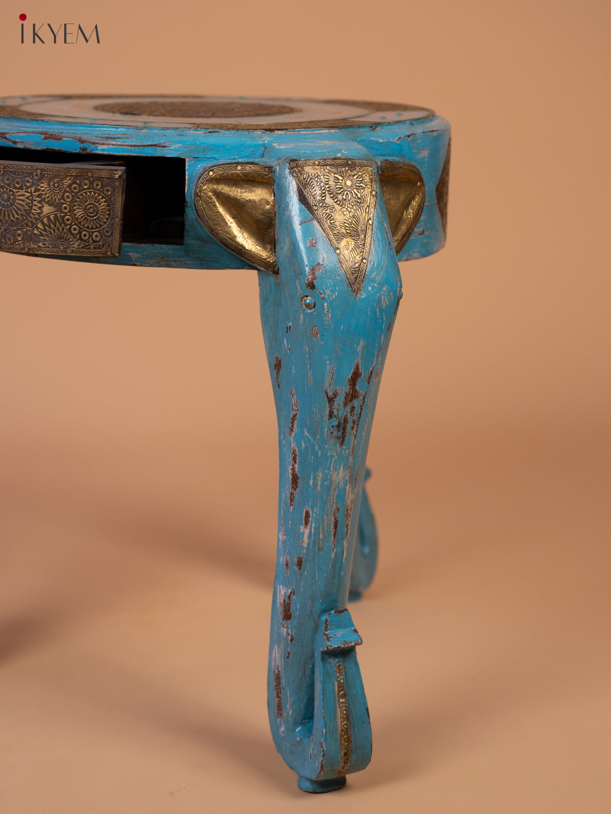 Wooden Elephant Stool with Drawer Brass Fitted (Antique Finish) 18.5 Inch - 4JJ04078