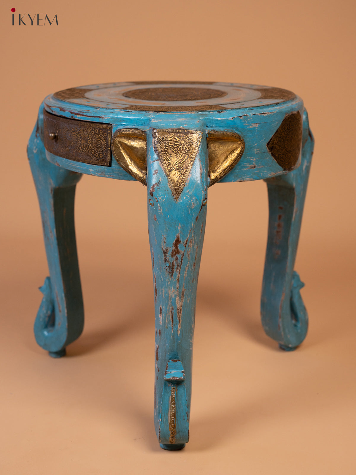 Wooden Elephant Stool with Drawer Brass Fitted (Antique Finish) 18.5 Inch - 4JJ04078