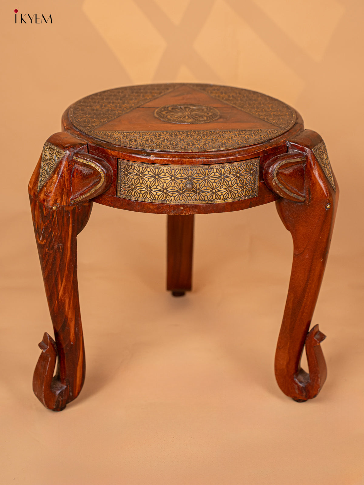 Wooden Elephant Stool with Drawer Brass Fitted (Antique Finish) 18.5 Inch - 4JJ04078