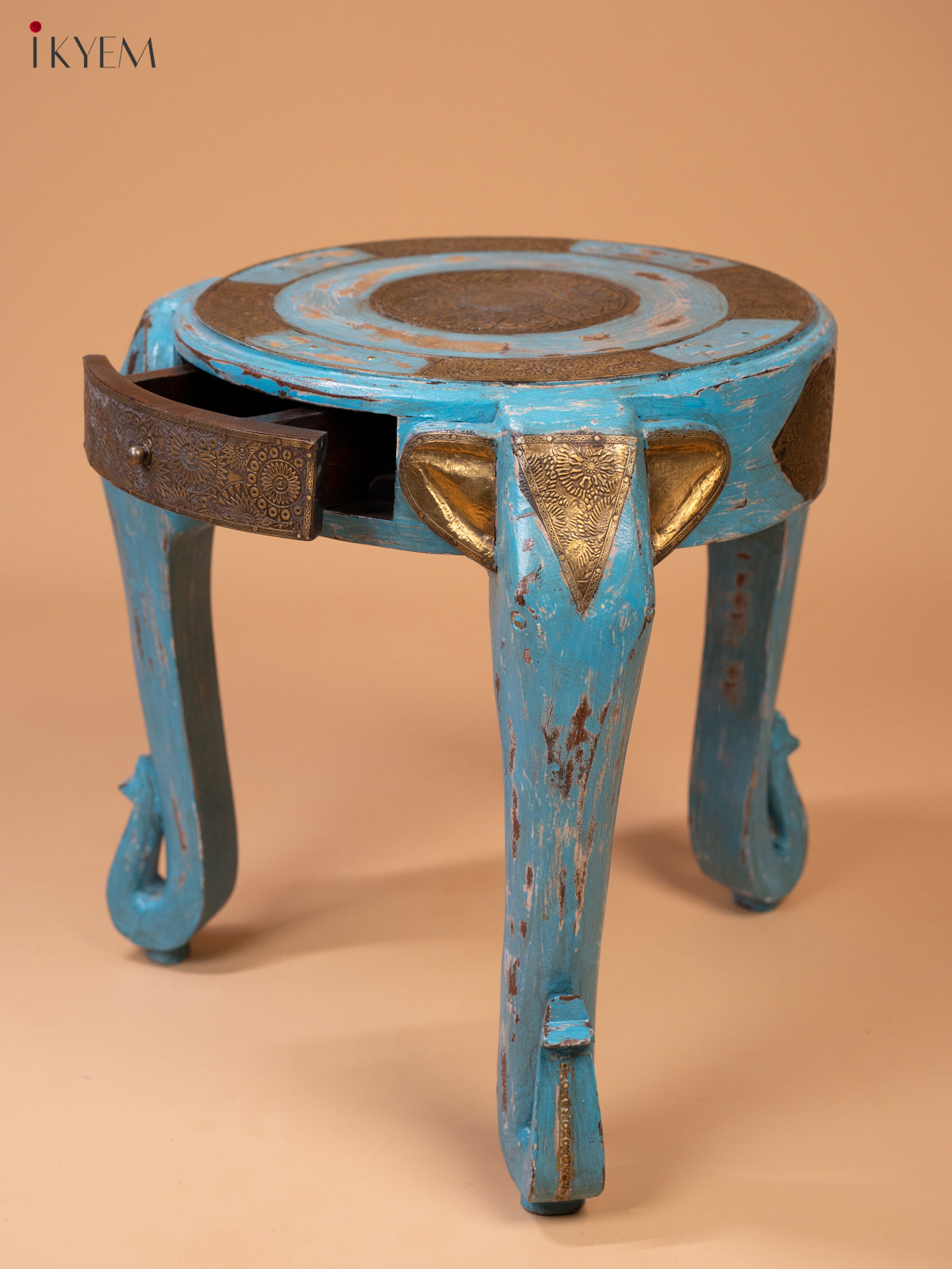 Wooden Elephant Stool with Drawer Brass Fitted (Antique Finish) 18.5 Inch - 4JJ04078