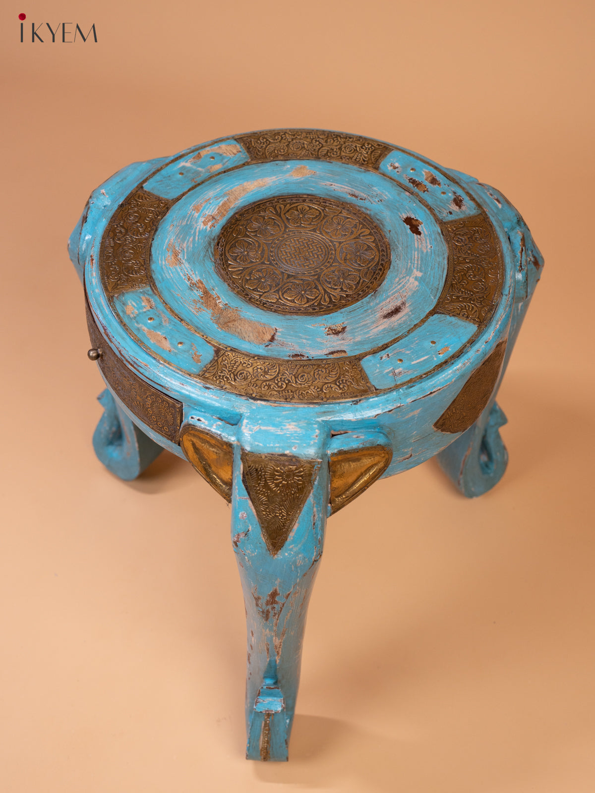 Wooden Elephant Stool with Drawer Brass Fitted (Antique Finish) 18.5 Inch - 4JJ04078