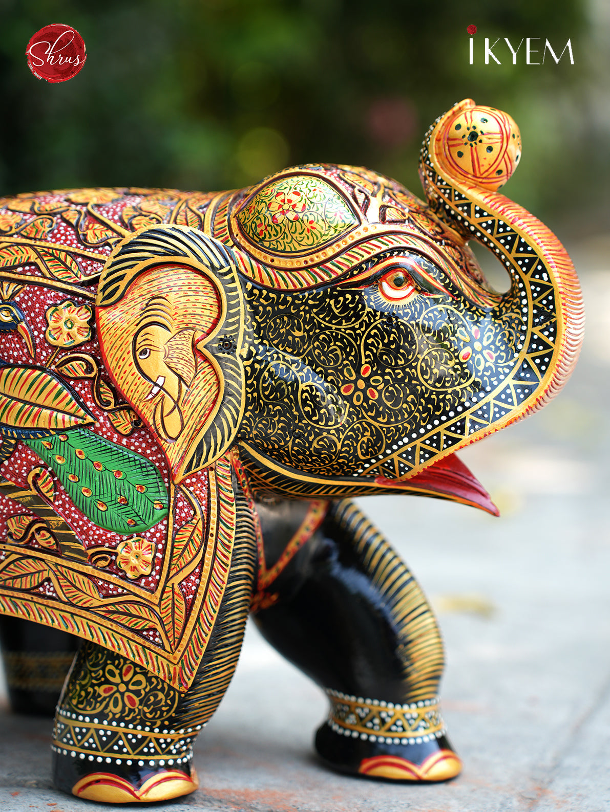 Wooden Elephant Idol with Pure Gold Foil Work