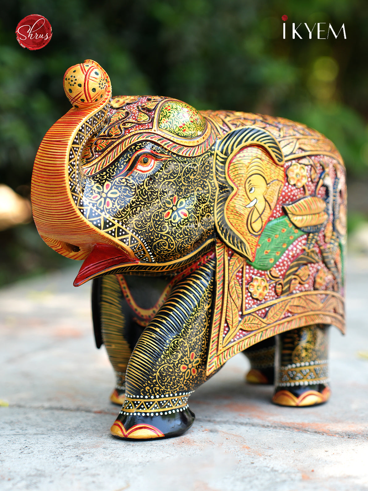 Wooden Elephant Idol with Pure Gold Foil Work